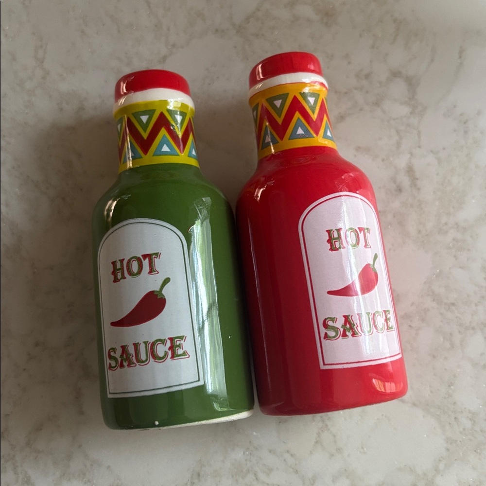 Vibrant Hot Sauce Bottle Salt and Pepper